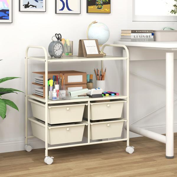 HW54070WH 4 Drawers Shelves Rolling Storage Cart Rack - White