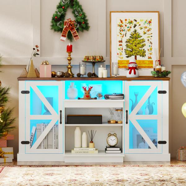 HV10481WH 59 in. Console Media Table with 3-Level Shelves & 22 Dynamic Modes - White