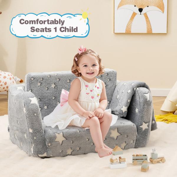 Picture of Costway HV10575HS 2-in-1 Folding Kids Couch with Blanket Glow in the Dark - Gray