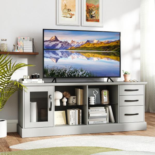 HV10653GR 63 in. Console Media Table with 3 Drawers & 2 Glass Shelves - Gray