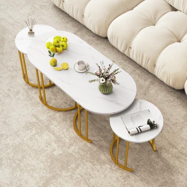 HV10656WH Nesting Coffee Table with Faux Marble Tabletop & Powder-Coated Gold Metal Frame - White - Set of 3