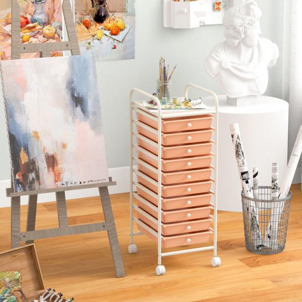 HW52045PF 10 Drawer Rolling Storage Cart Organizer with 4 Universal Casters - Cherry