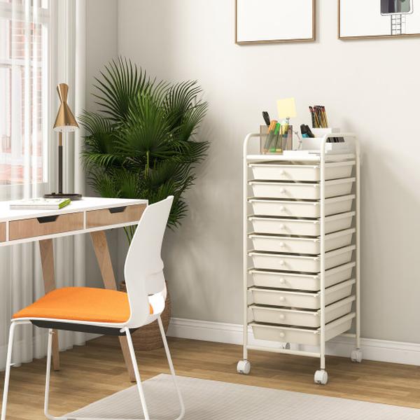 HW52045WH 10 Drawer Rolling Storage Cart Organizer with 4 Universal Casters - White