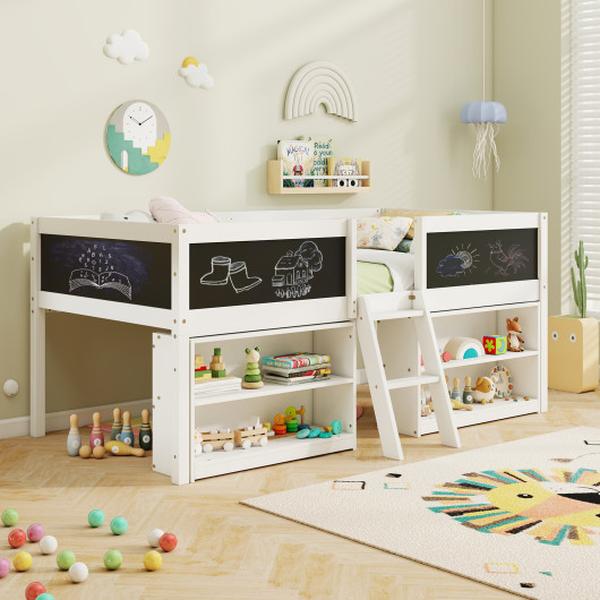 Picture of Costway HU11012WH Kid Twin Size Low Loft Bed with Chalkboard Ramp Ladder & Bookcases - White