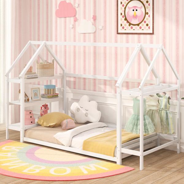 Picture of Costway HU11020WH Twin Size Montessori Floor House Bed with Detachable Storage Shelves - White