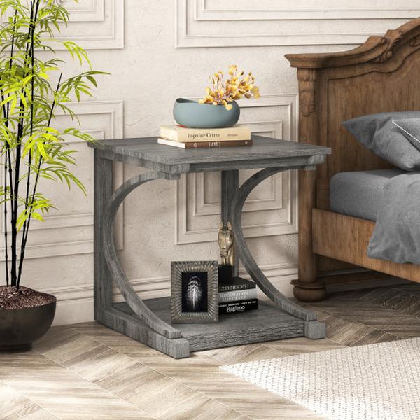HV10667GR 24 in. C-Shaped 2 Tier Square Sofa Side Table - Gray