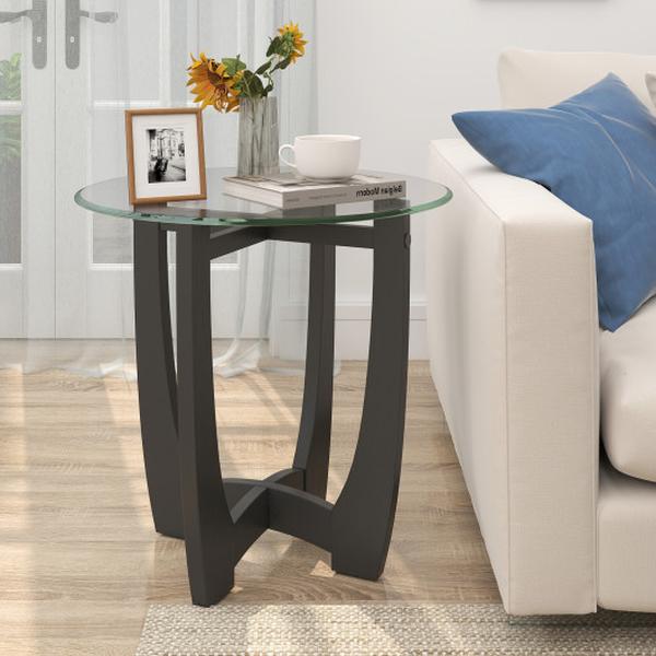 HV10672DK 23.5 in. Round End Side Table with Tempered Glass Tabletop - Black