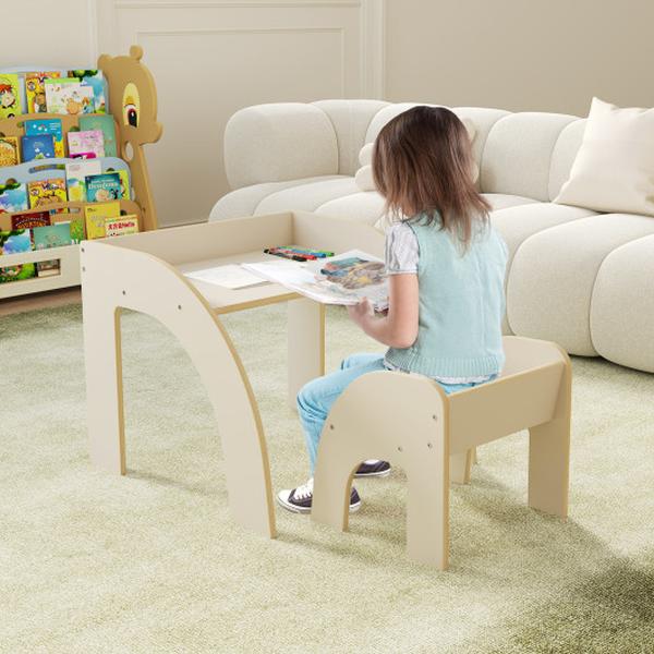 HY10352WH Table & Chair Set with Wide Tabletop & Curved Edges for Kids Room - White