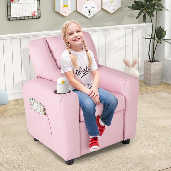 HY10371PI Kids PU Leather Push Back Toddler Recliner Chair with Cup Holder & Side Pocket - Pink