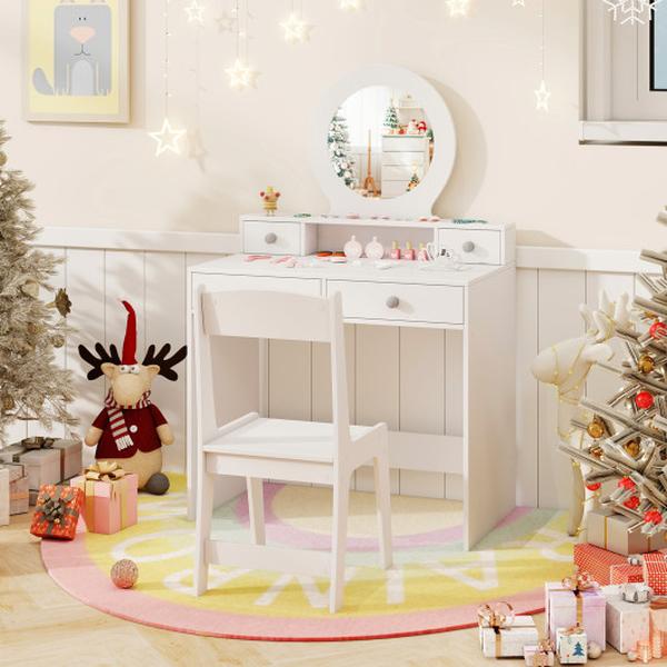 Picture of Costway HY10378WH Kids Princess Makeup Dressing Desk & Chair Vanity Set with Mirror - White