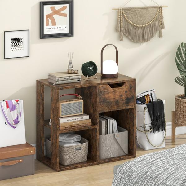 JV10846CF 2-Tier Wooden Storage Shelf 3-Cube Bookcase with Pull-out Drawer - Brown