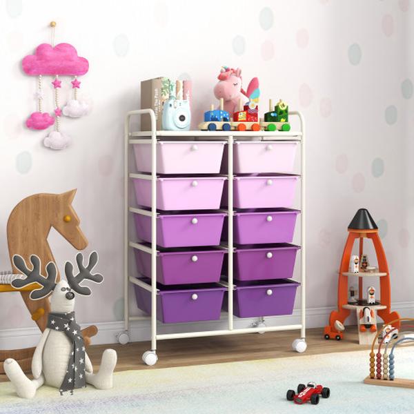 JV11073PU 10-Drawer Rolling Storage Cart - Purple