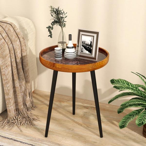 JV11705-M 16 in. Round End Table with Sea Shell Decoration & Epoxy Resin Finish - Brown
