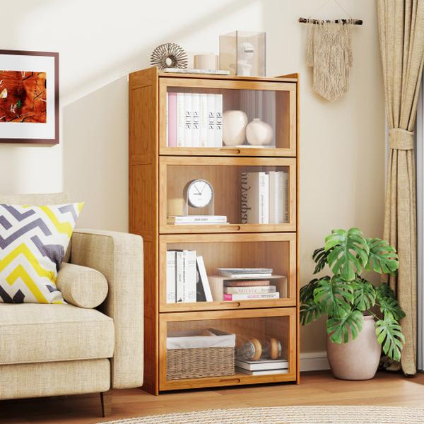 JV11769NA 4-Tier Bamboo Bookcase with Doors for Study & Living Room - Natural