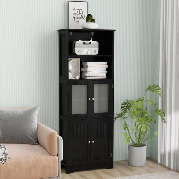 JV10642DK 6-Tier Freestanding Bathroom Cabinet with 2 Open Compartments & Adjustable Shelves - Black