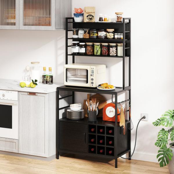 Picture of Costway JV11553US-DK Coffee Bar Cabinet with S-Shaped Hooks & Wine Bottle Holders - Black