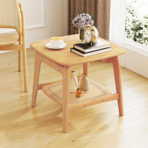 JV11773NA Boho Bamboo Sofa Side Table with Faux Rattan Storage Shelf - Natural