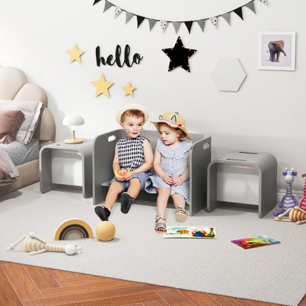HY10091GR Kids Wooden Table & Chair Set - Gray - 3 Piece