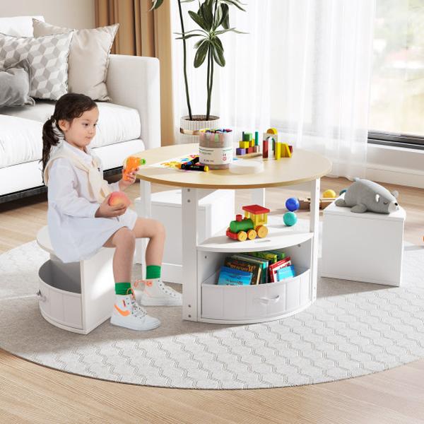 HY10311NA Toddler Round Nesting Table with 4 Storage Stools for Activity - Natural - 5 Piece