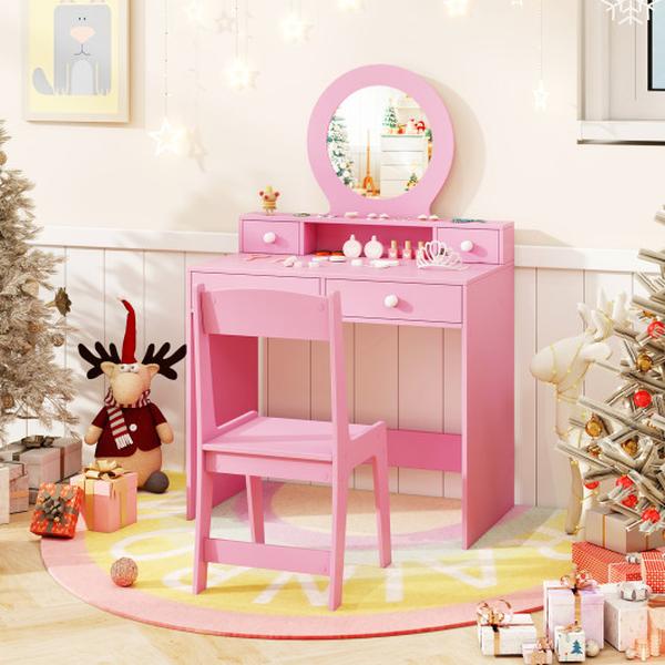 Picture of Costway HY10378PI Kids Princess Makeup Dressing Desk & Chair Vanity Set with Mirror - Pink