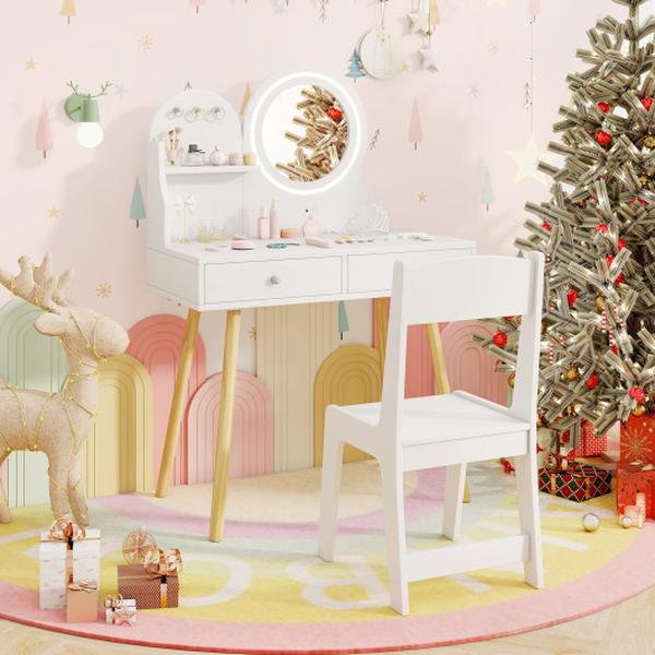 HY10380WH Kids Princess Makeup Dressing Desk & Chair Set with Mirror & Lights - White