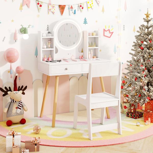Picture of Costway HY10381WH Kids Vanity Set with Lighted Mirror & Storage Drawers - White