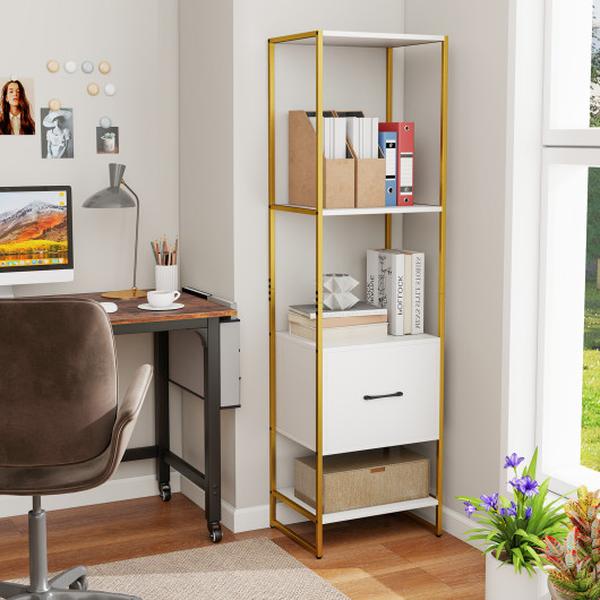 JV11923WH 5-Tier Narrow Bookcase with 4 Open Shelves & Storage Drawer - White