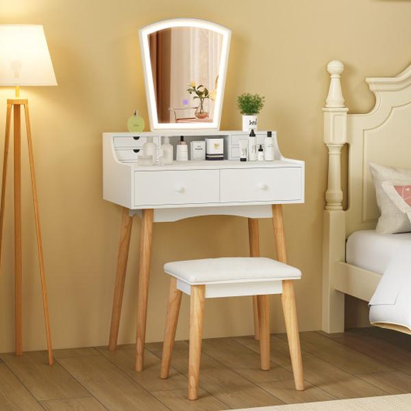 JV11977US-WH Vanity Desk Set with 3-Color Adjustable LED Lighted Mirror & Drawers - White