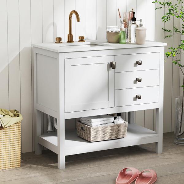JV12038WH- Freestanding Bathroom Vanity Unit with Basin Floor Storage Cabinet - White