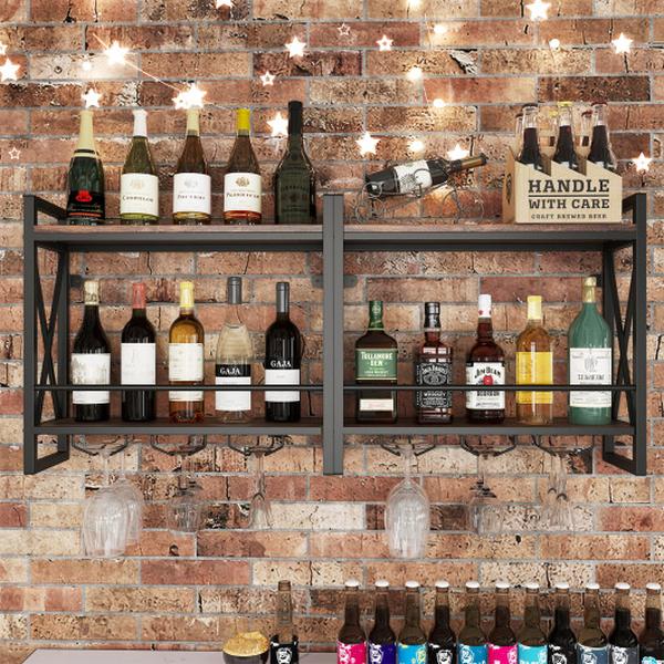 Picture of Costway JV12116 Wall Mounted Wine Rack with 2-Tier Shelves & 3 Glass Holders