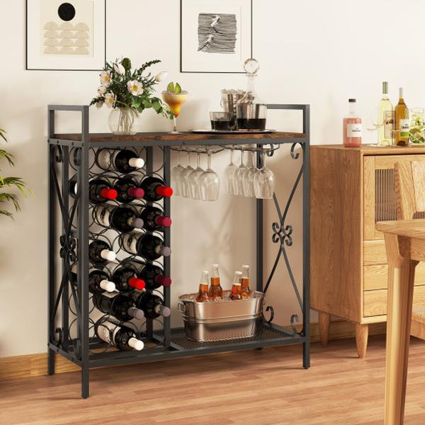 Picture of Costway JV12128CF 21 Freestanding Floor Wine Bottle Organizer with Glass Holder - Rustic Brown