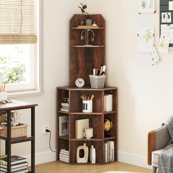 Picture of Costway JV12161US-BN 6-Tier Corner Shelf with Charging Station & 2 USB Ports - Brown