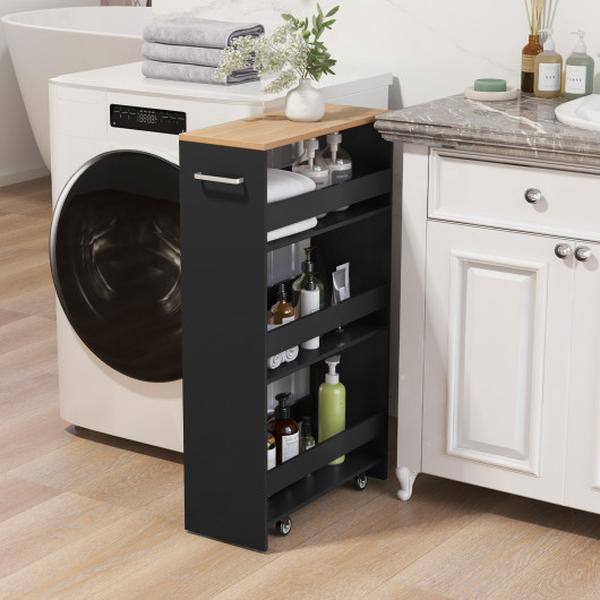 Picture of Costway JV12256DK 4-Tier Rolling Storage Slim Kitchen Cart on Wheels with Open Shelves & Handle - Black