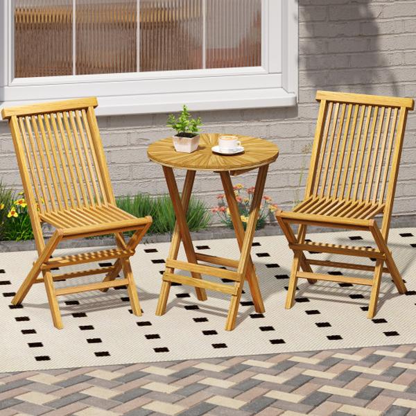 JV12268 Patio Folding Side Teak Wood Round End Table with Slatted Tabletop & X-Shaped Frame