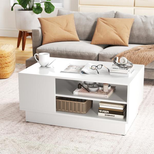 JV12354WH Modern Coffee Table with 2-Tier Open Storage Shelves - White