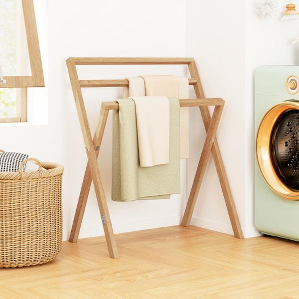 Picture of Costway JV12438 Freestanding Foldable Teak Wood Towel Rack with 3 Hanging Crossbars