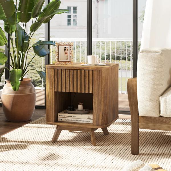 JV12554WN Mid-Century Wood Nightstand with Drawer & Open Shelf - Walnut