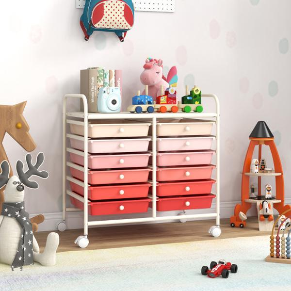 JV12580PI 12 Drawers Rolling Storage Cart for Home & Office - Pink