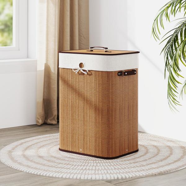 JZ10137YW 19 gal Rectangle Bamboo Clothes Hamper Laundry Basket with Handles & Lid - Yellow