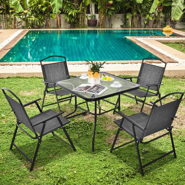 NP11214GR-12 Patio Folding Chairs with Cozy Seat Fabric & Heavy-Duty Metal Frame - Gray - Set of 4