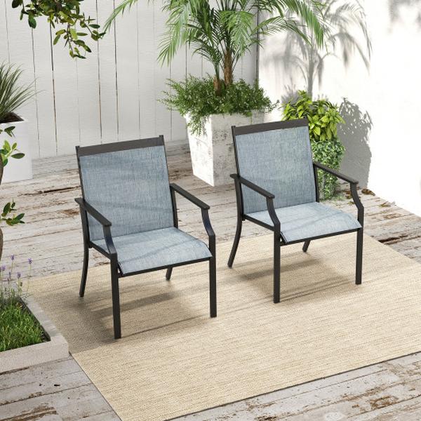 NP11360BL-2 Large Patio Dining Chairs with Breathable Seat & Metal Frame - Blue - 2 Piece