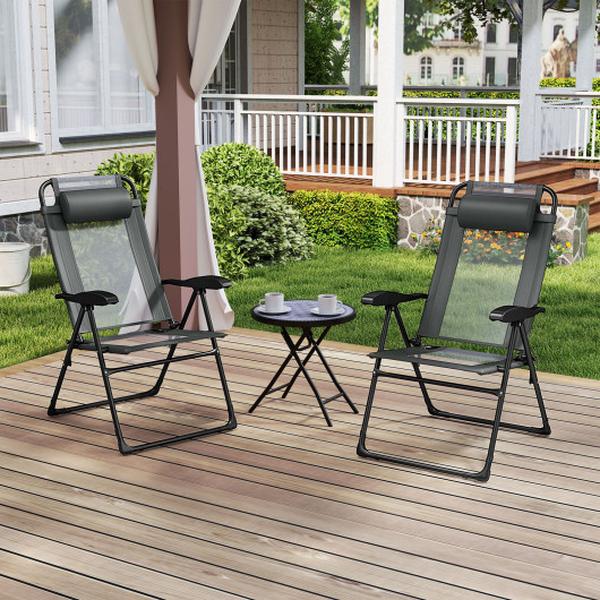 NP11454GR-2 Outdoor Folding Chairs with Armrests & 7-Level Backrest - Gray - Set of 2