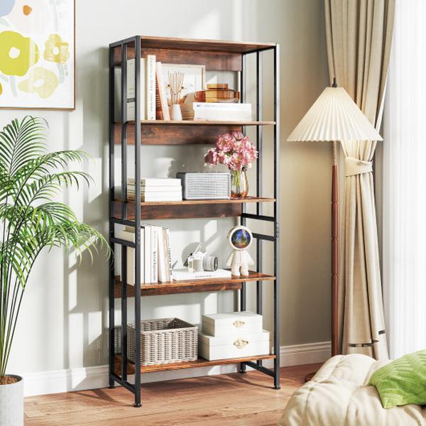 JV11208CF 5-Tier Bookshelf with Adjustable & Tiltable Shelves - Rustic Brown