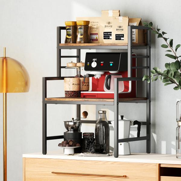 Picture of Costway JV11545CF 3-Tier Microwave Stand with 2 Open Shelves & Heavy-Duty Metal Frame - Rustic Brown