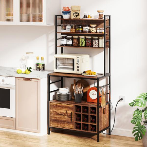 Picture of Costway JV11553US-CF Coffee Bar Cabinet with S-Shaped Hooks & Wine Bottle Holders - Rustic Brown