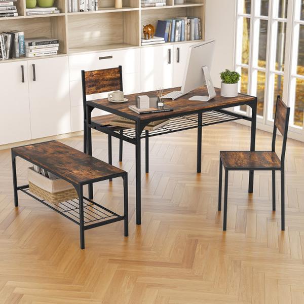 KC57244CF Industrial Style Rectangular Kitchen Table with Bench & Chairs - Rustic Brown