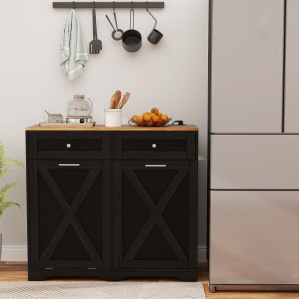 Picture of Costway KC57448DK Tilt Out Trash Can Cabinet with Outlets & Adjustable Shelf - Black