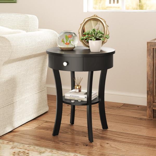 JV10705BK 2-Tier Wood Round End Table with Open Drawer - Black