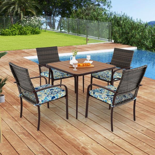 NP11970- Patio Cushioned Rattan Armchairs & Square Table Dining Set for 4 Persons - 5 Piece