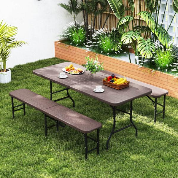 Picture of Costway NP11987CF 6 ft. Folding HDPE Bench with 1320 lbs Capacity & Handle Lock - Brown